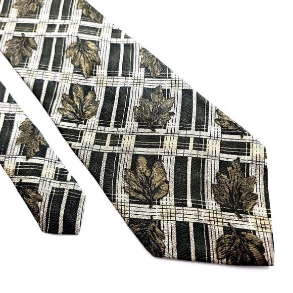 Alexander Julian Colours Green‎ Tan Leaf Print Plaid Wide Silk Tie - Picture 1 of 6